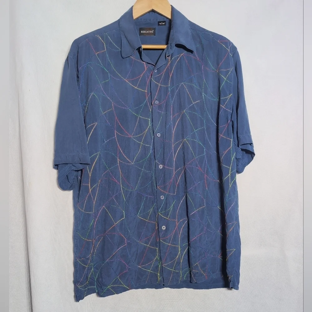 Riscatto Sz L Men's Blue Silk Embroidered Abstract Shirt